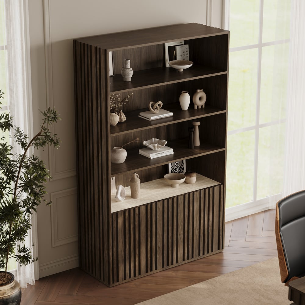 Aura 47" Ash Wood Fluted Bookcase With Sintered Stone Top window image