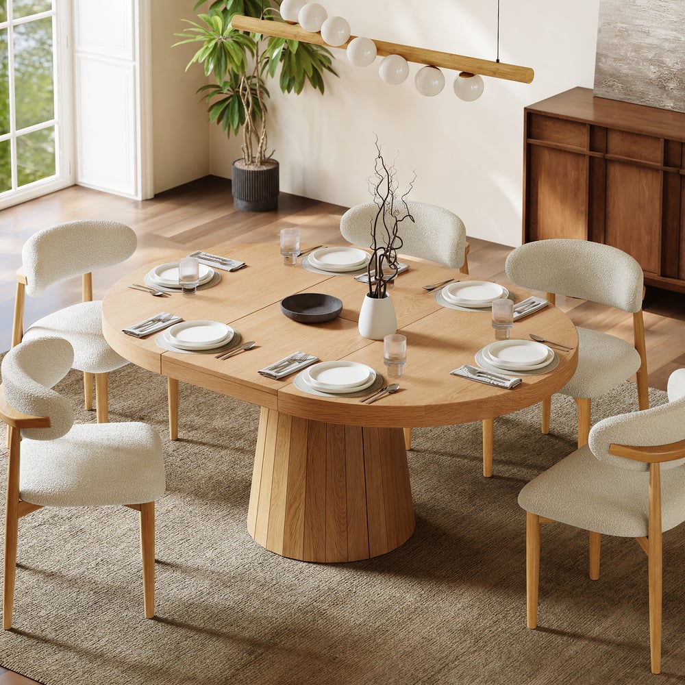 Japandi 39"–55" Extendable Round-to-Oval Wood Dining Table Natural, Seats 4-6 window image