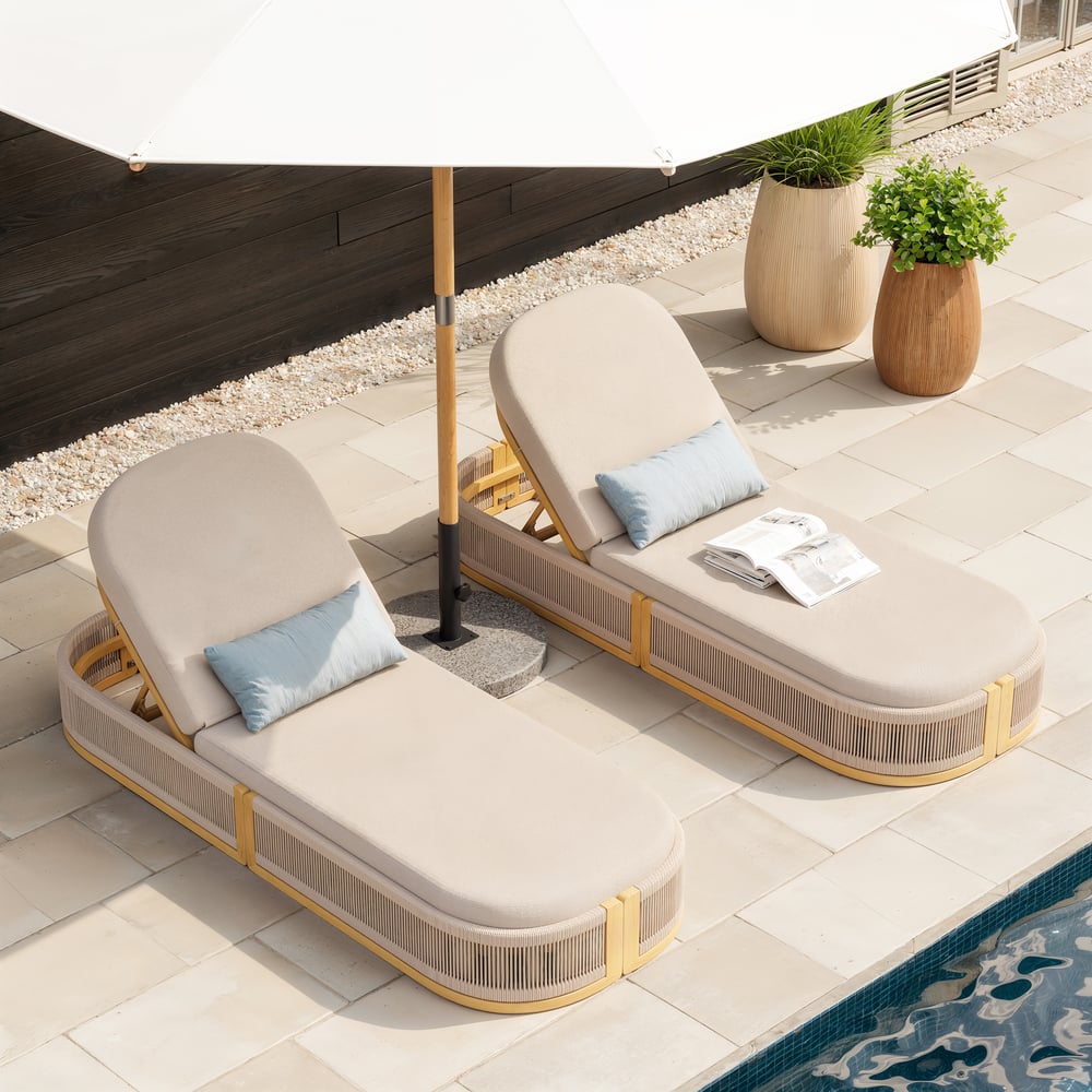 Aluminium & Rotan Buiten Ligstoel Terrasmeubilair in Ivoor Vensterafbeelding