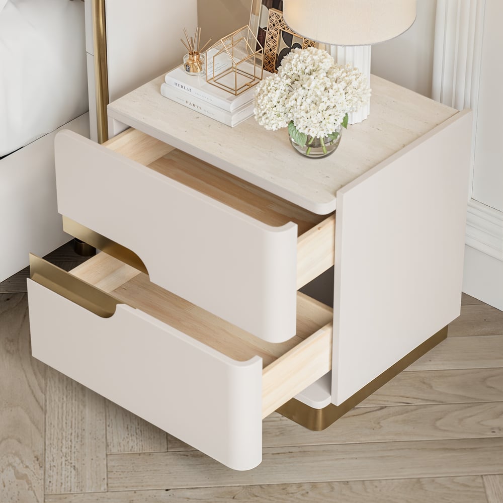 Table de chevet intelligente de 20" à 2 tiroirs avec plateau en pierre frittée et station de charge image de fenêtre