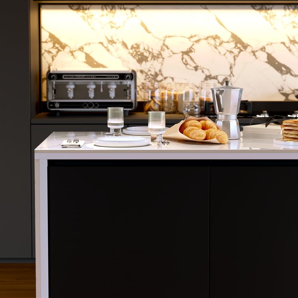 Modern 72" Glossy Sintered Stone Top Kitchen Island with Storage, White & Black window image