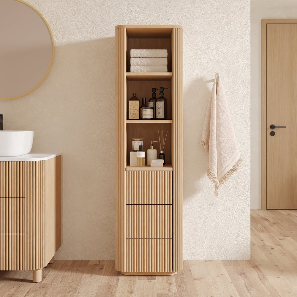 Fluted 58" Bathroom Linen Cabinet with 3 Drawers and Open Shelves window image