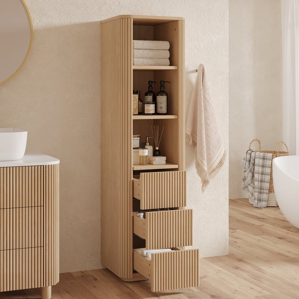 Fluted 58" Bathroom Linen Cabinet with 3 Drawers and Open Shelves window image