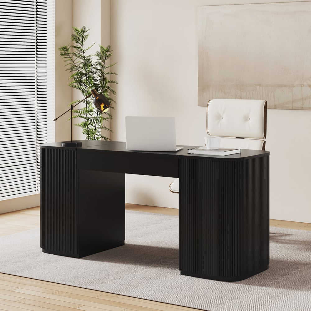 Modern 60" Black Standing Office Desk & Sliding Door Etagere Bookshelf window image