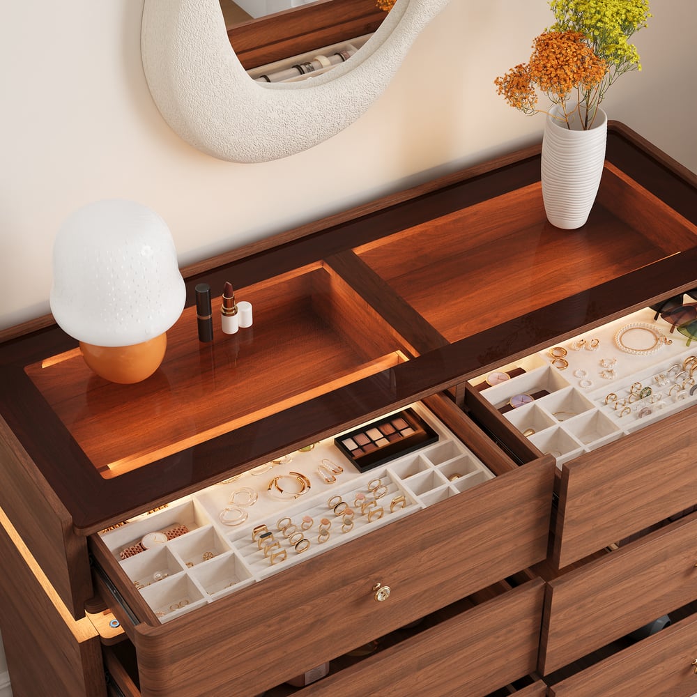 Modern 47" Tempered Glass Top 8-Drawer White Dresser with LED & Jewelry Trays window image