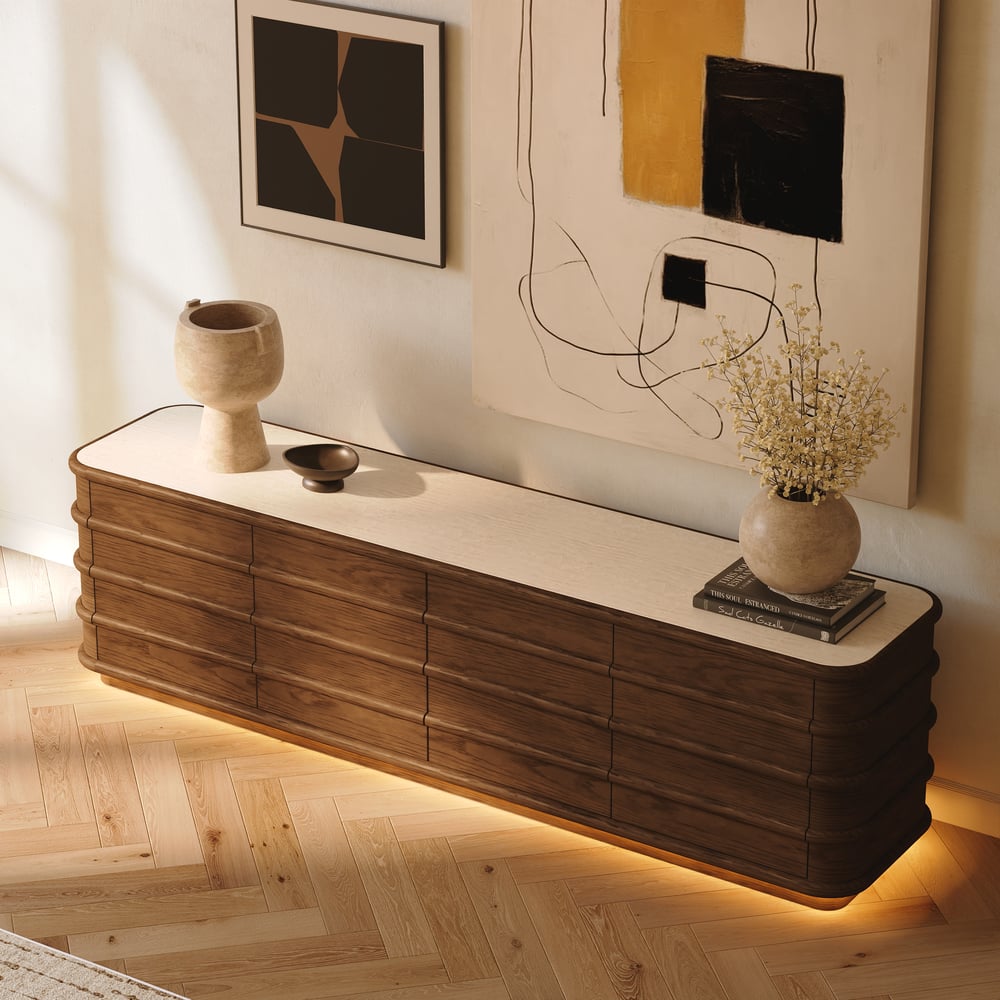 Meuble TV 80" en frêne et noyer avec plateau en pierre frittée, tiroirs et LED image de fenêtre