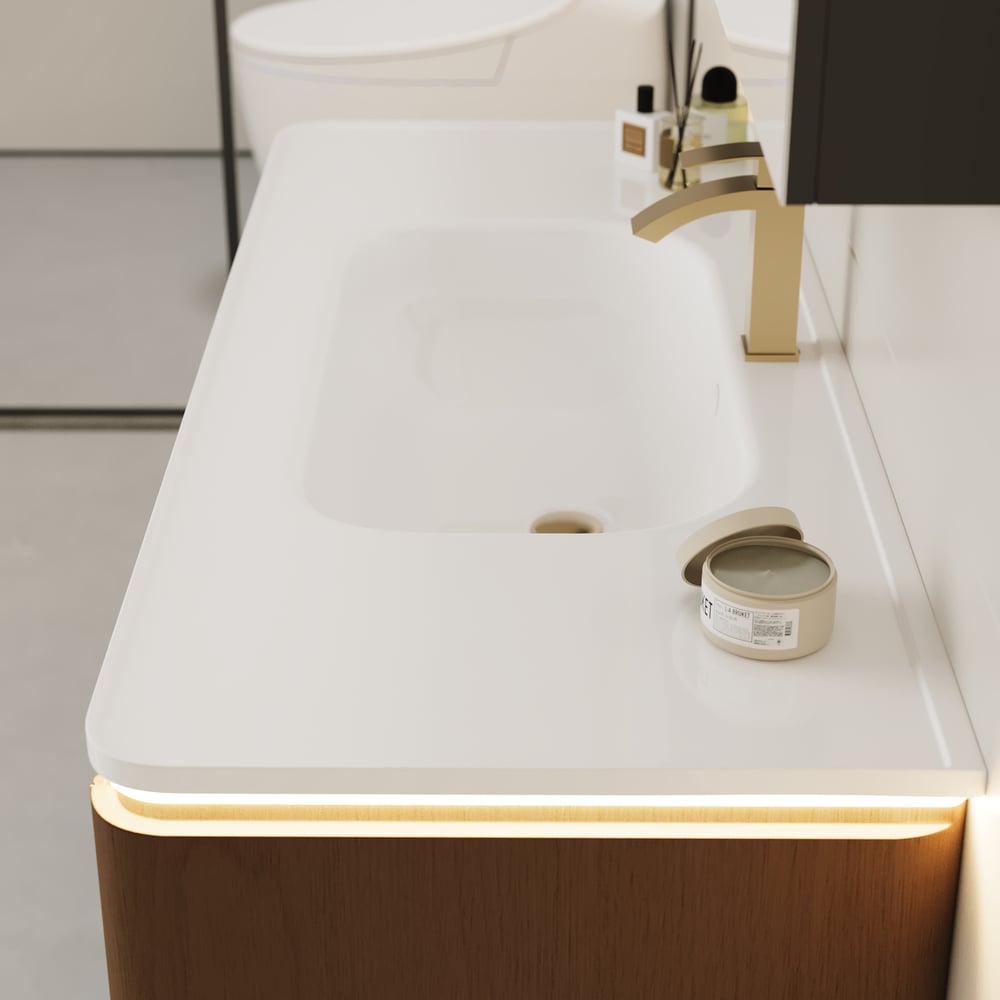 Moderno tocador de baño flotante acanalado de 119 cm con lavabo, LED suave y amplio almacenamiento Imagen de ventana