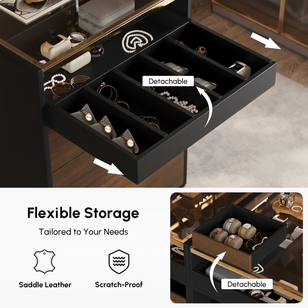 Saddle Leather 7-Dresser Walk-In Closet Island with Light & Jewelry Display window image