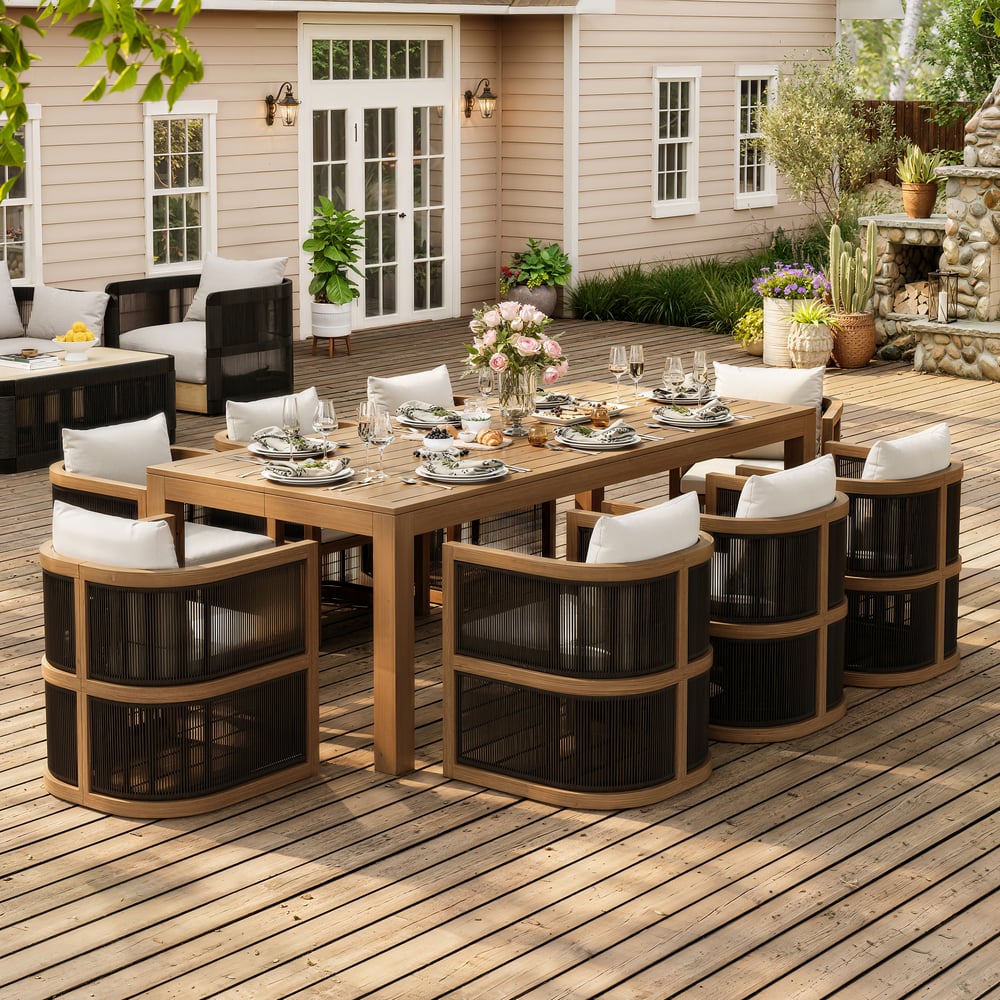 Table à manger d’extérieur Wevara 220 cm en aluminium à lattes finition noyer image de fenêtre
