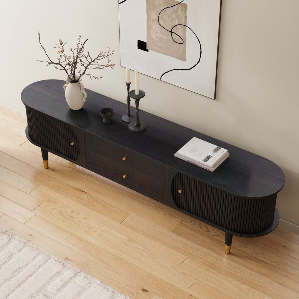80" Ash Wood Fluted Black TV Stand with Storage window image