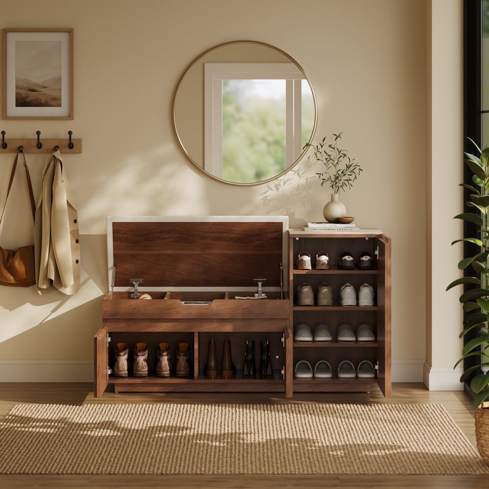 Banc de rangement à chaussures Aura 47" en bois de noyer avec armoire sur le côté droit pour entrée image de fenêtre