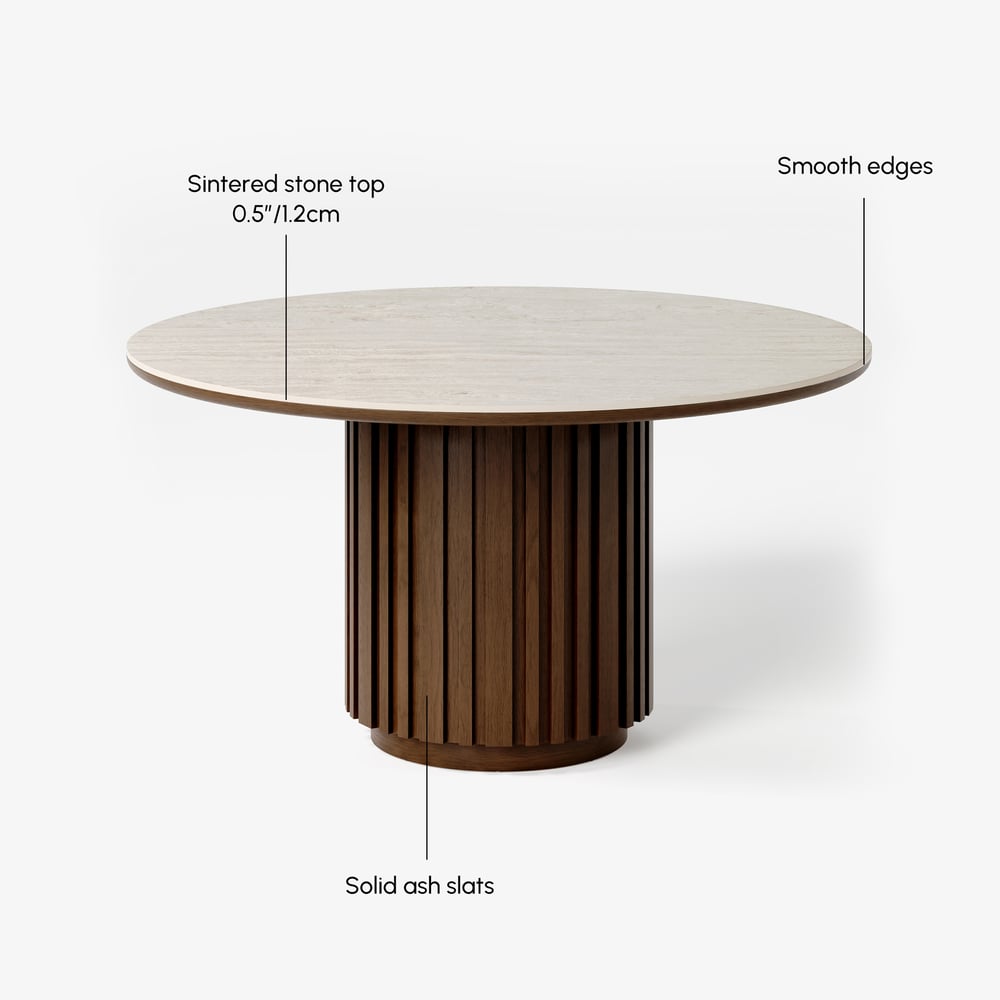 Aura 47" Faux Travertine Round Dining Table with Sintered Stone Top, Seats 4 window image