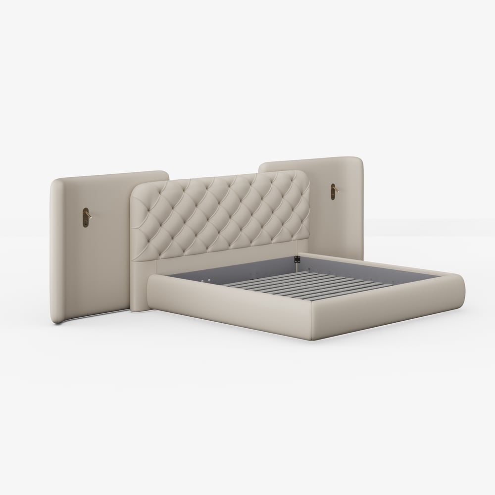 Modern King Genuine Leather Tufted Bed with Wide Charging Headboard & Light window image