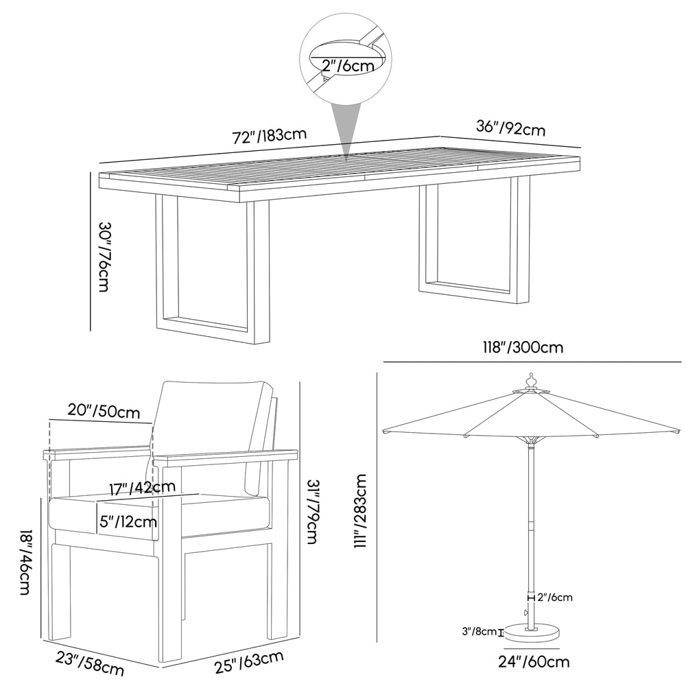 Tevara 6 Pieces Rectangle Wood & Aluminum Outdoor Dining Set with  Pillar Umbrella weights dimensions image