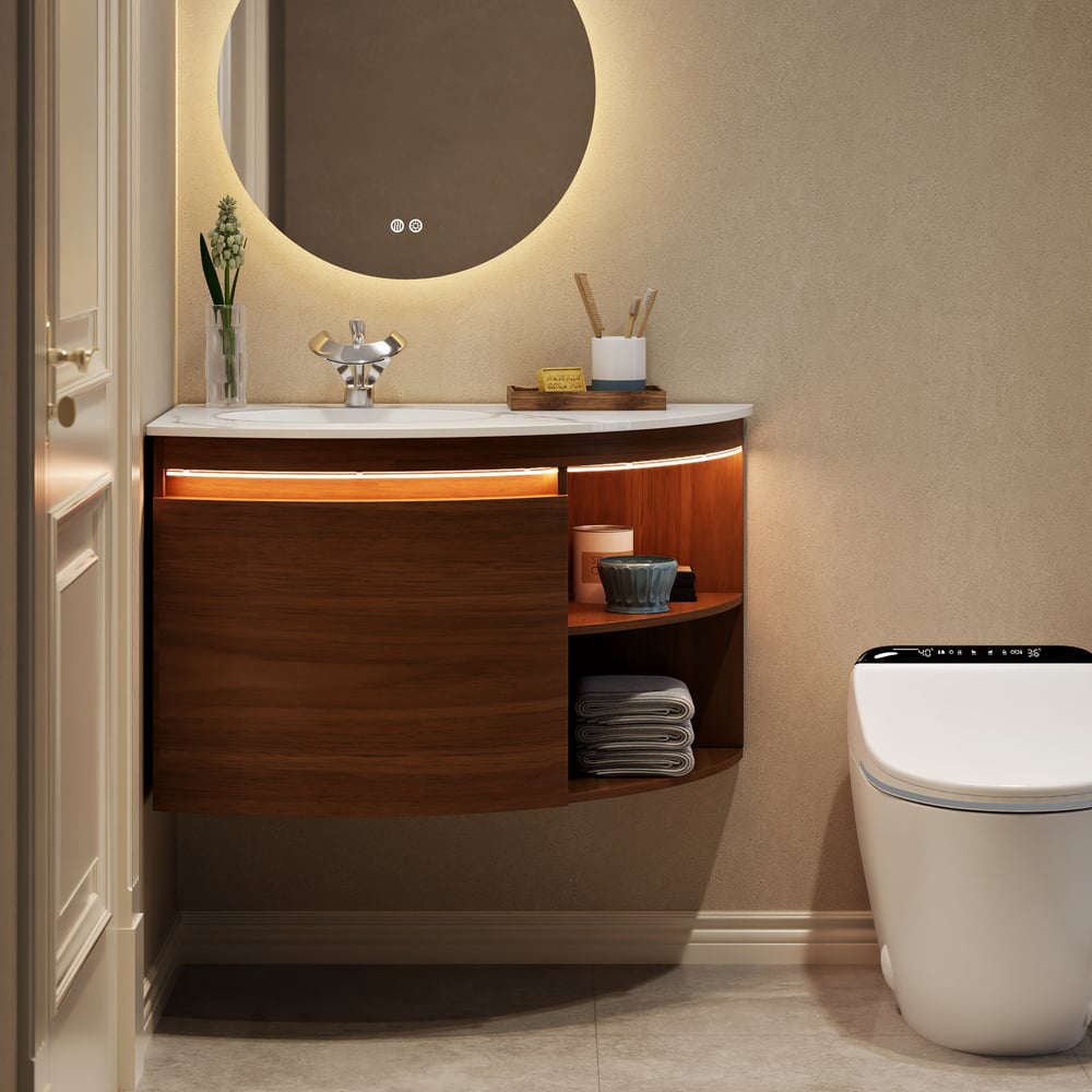Meuble-lavabo de salle de bain d'angle de 91cm avec rangement et capteur de lumière à DEL image de fenêtre