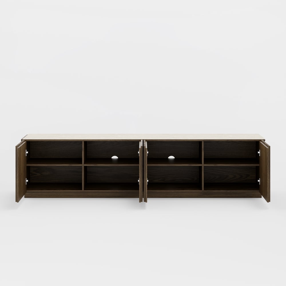 Aura 83" Ash Wood Fluted Smoked Brown TV Stand with Sintered Stone Top window image