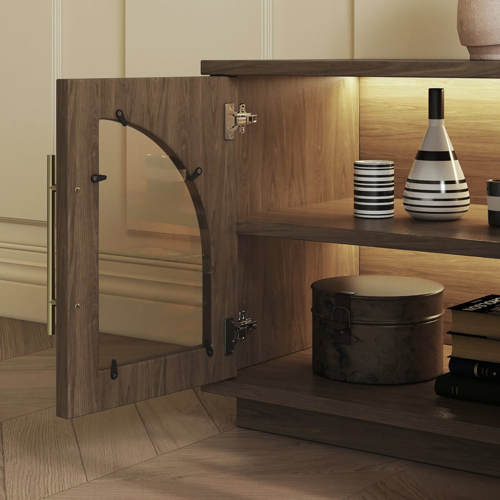 Arune 72" Arched Glass Doors Smoked Brown TV Stand with Storage and LED window image