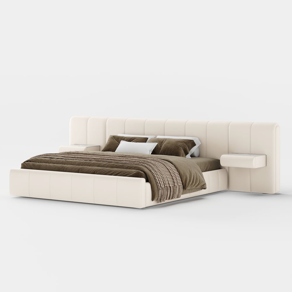 Humply King Size Upholstered Bed with Wide Headboard & Floating Smart Nightstand Set window image