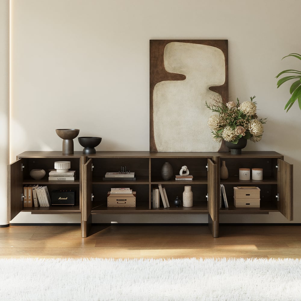 Lineva 80" Solid Wood Fluted Smoked Brown TV Stand with Cabinets window image