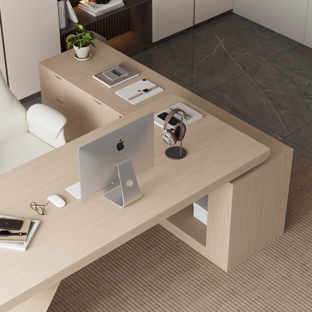 Escrivaninha executiva moderna em forma de L de 180 cm com acabamento em branco lavado e armazenamento, mão esquerda Imagem da janela