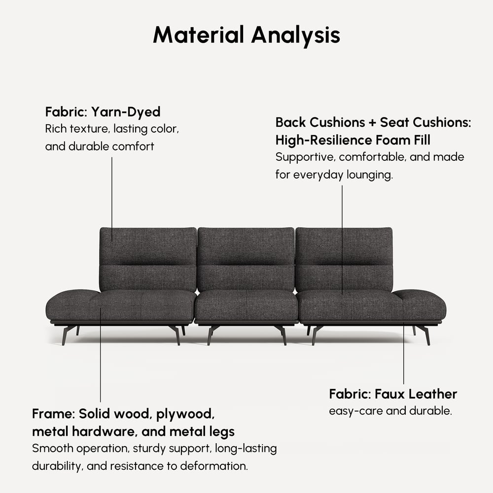136" Yarn-Dyed Fabric and Faux Leather Reclining Sofa with Metal Legs window image