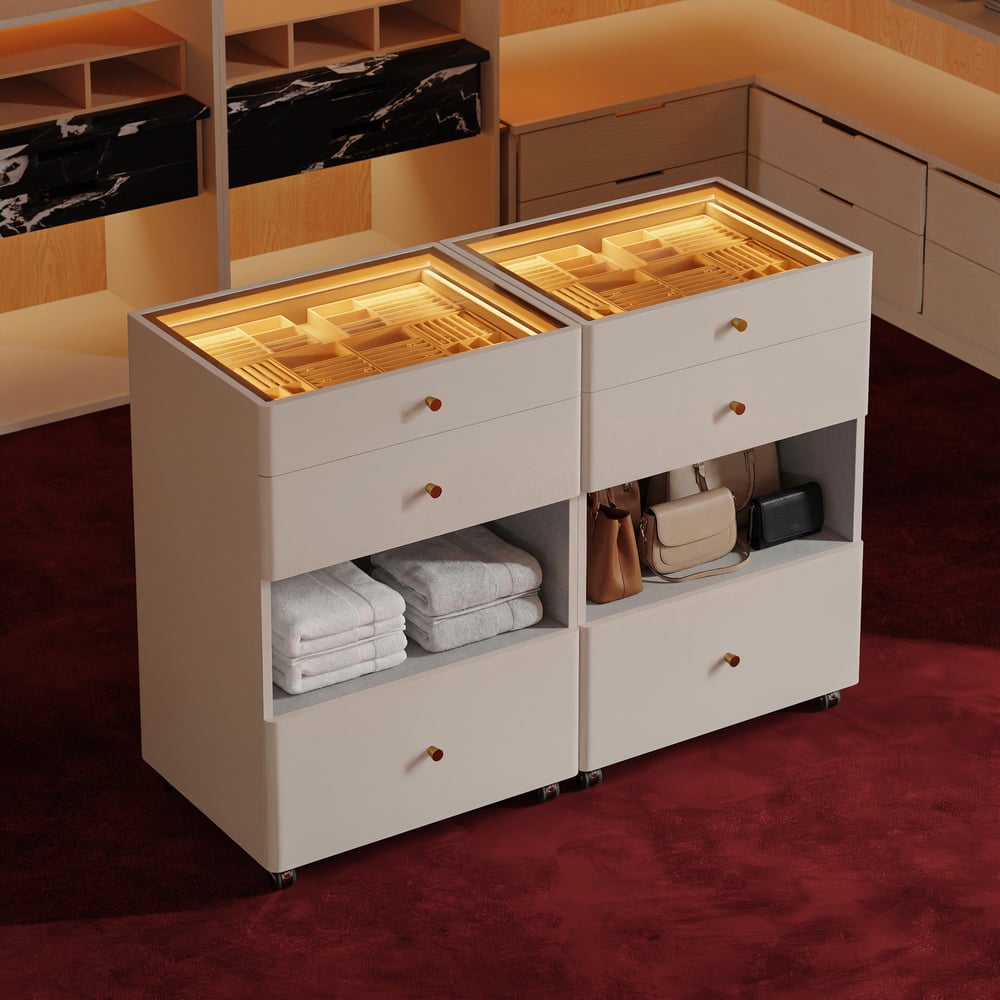 Selvo Walk-In Closet Island Jewelry Dresser with Glass Top & Light Set of 2 window image