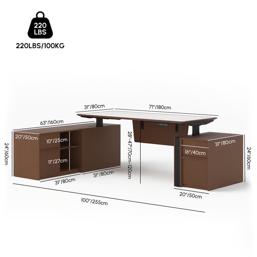 Modern 71" Modular Executive Standing Desk with Storage, Power Access & Memory Control weights dimensions image