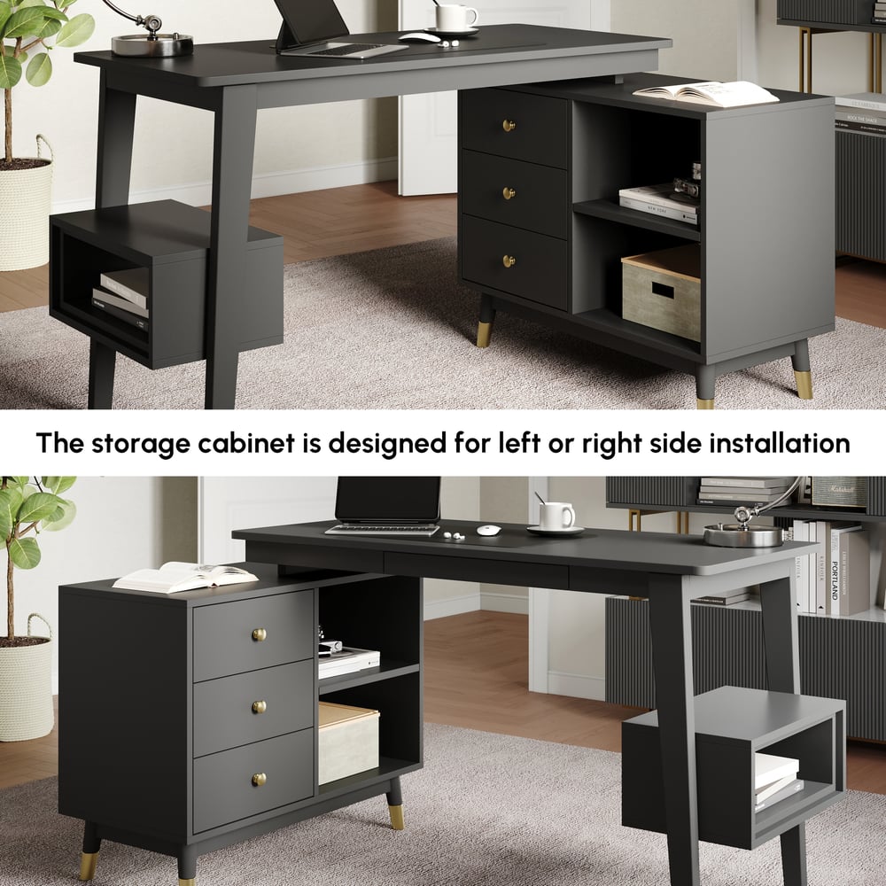 Ultic Matte Black L Shaped Home Office Desk & Faux Leather Office Chair Set with Wheels window image