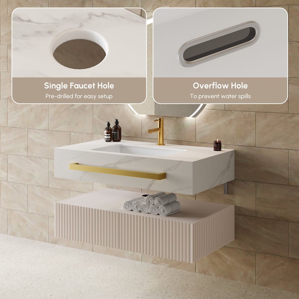 Mueble de baño flotante de 91 cm (36") con doble lavabo, encimera de piedra sinterizada, toallero dorado Imagen de ventana