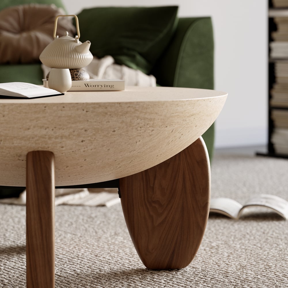 Table Basse Curva 76 cm Ronde en Béton Noyer avec Pieds en Bois image de fenêtre