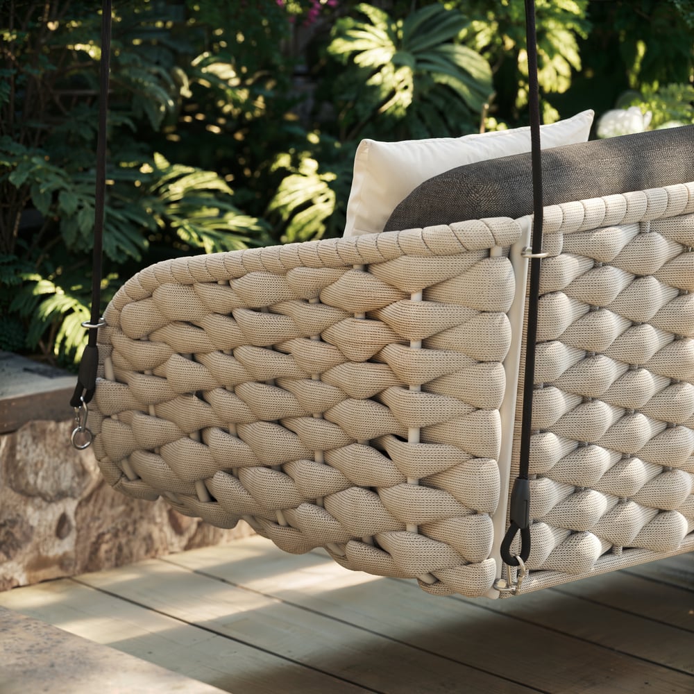Cadeira Suspensa Tatta Outdoor em Alumínio com Trama de Corda e Almofada em Cinza Imagem da janela