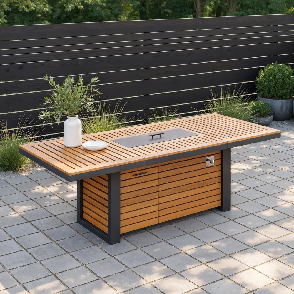 Axis 94.5" Outdoor Propane Fire Pit Dining Table with Hidden Tank & Wind Shield window image