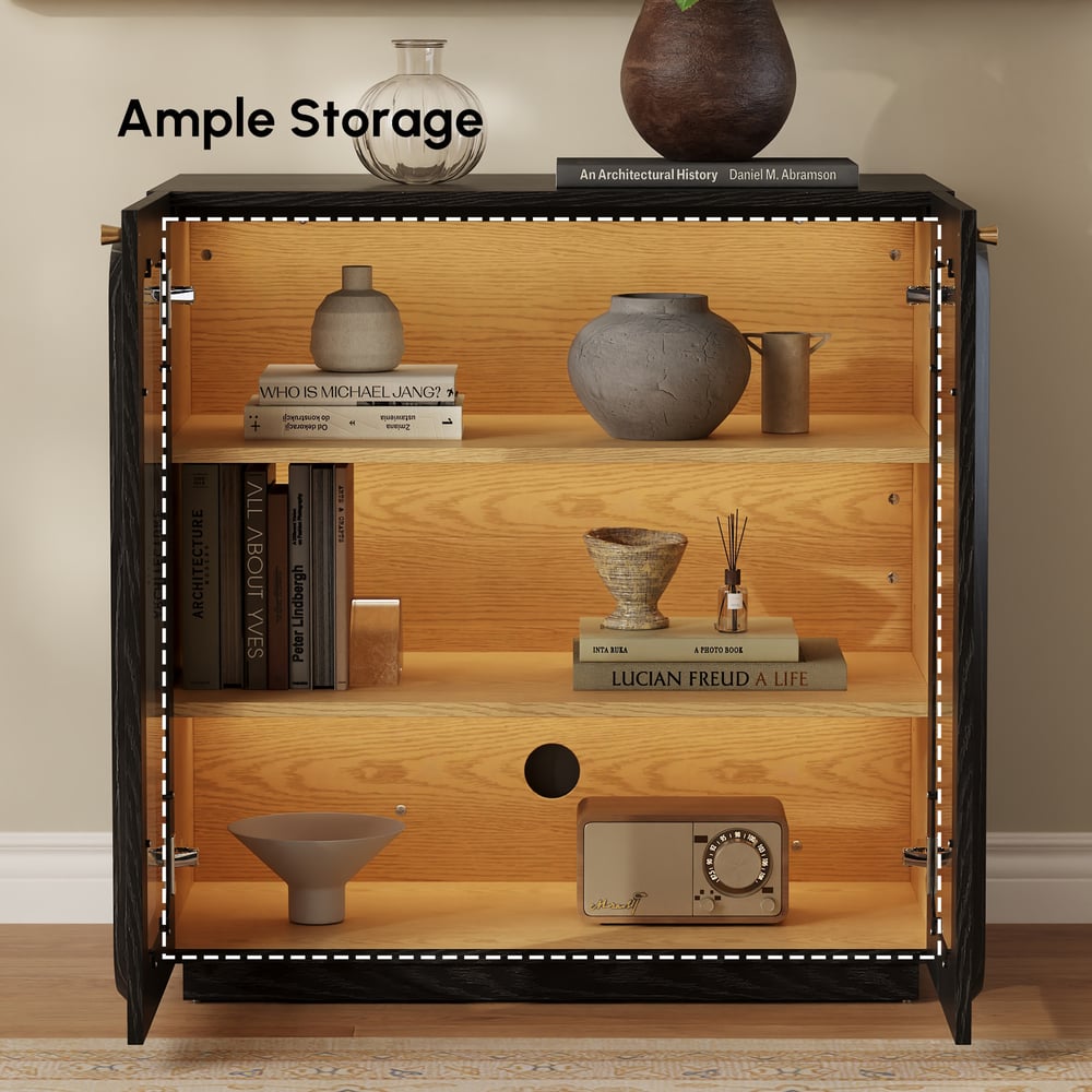 31" Ash Wood Veneer TV Stand with Glass Doors, Chest Cabinet and LED window image