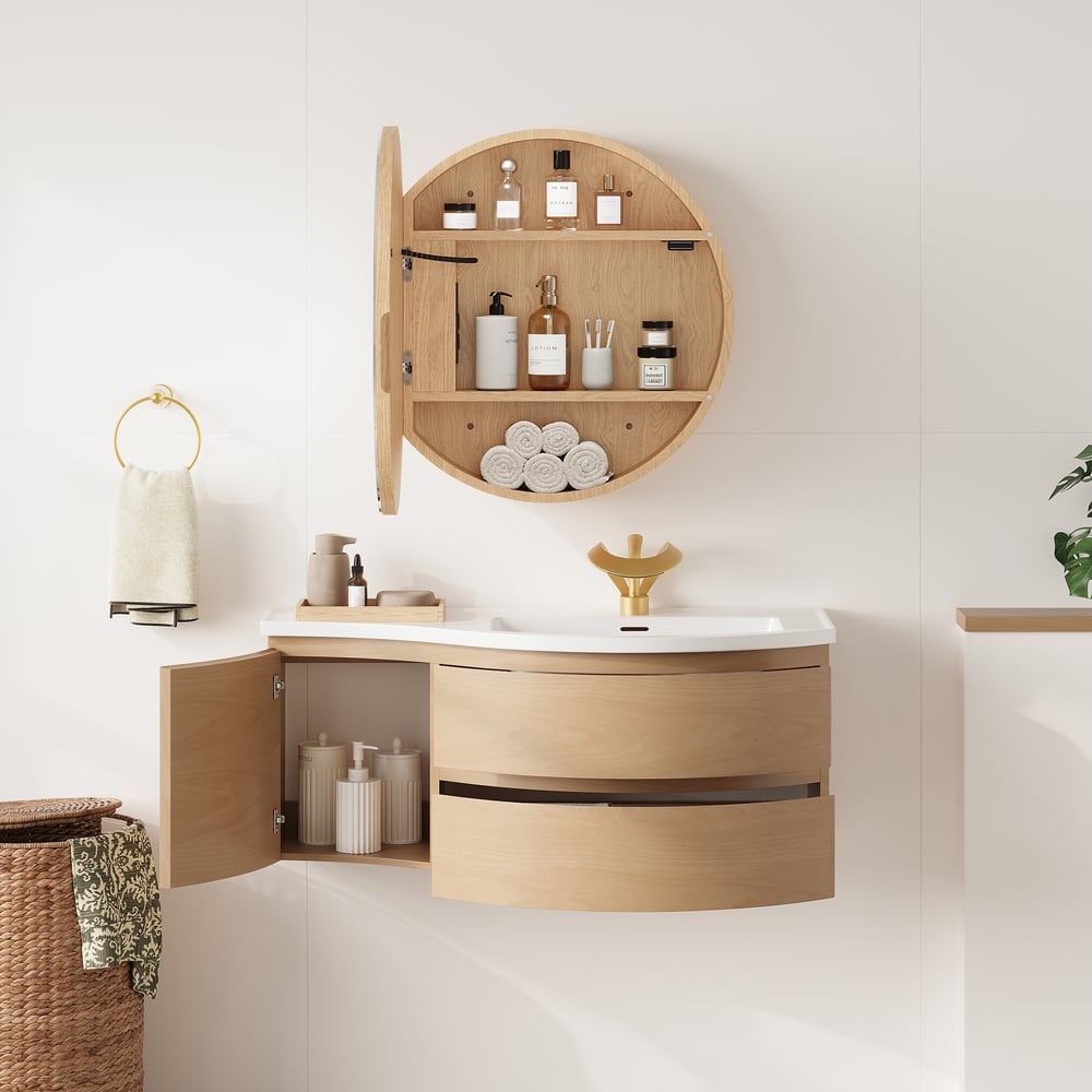 Floating Curved Bathroom Vanity & LED Medicine Cabinet Set window image