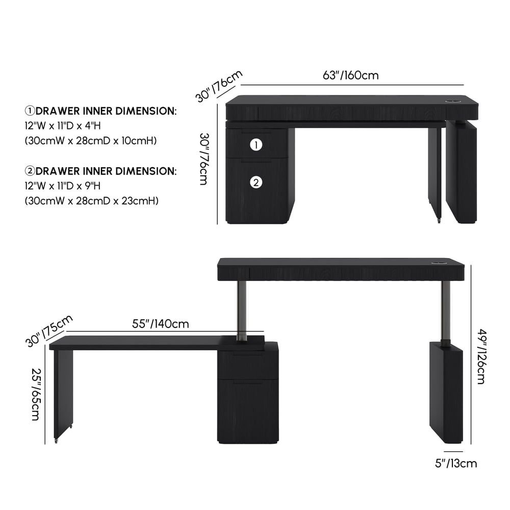 Bureau Aura 160 cm Noir Cannelé à Rotation 360 Degrés Bureau Debout Électrique Réglable Poids, dimensions, image