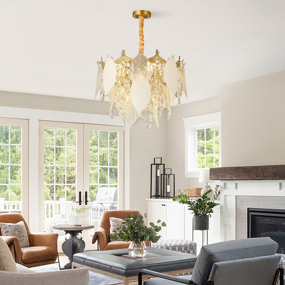 Luxusní patrový lustr z listového skla a křišťálu s nastavitelnou výškou zavěšení obrázek okna