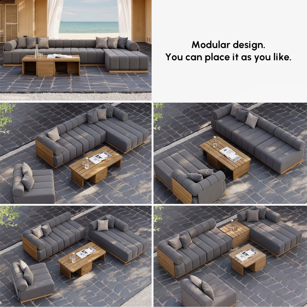 Ensemble de canapé modulaire d'extérieur 7 pièces Resaro en teck naturel avec dossier cannelé gris foncé image de fenêtre