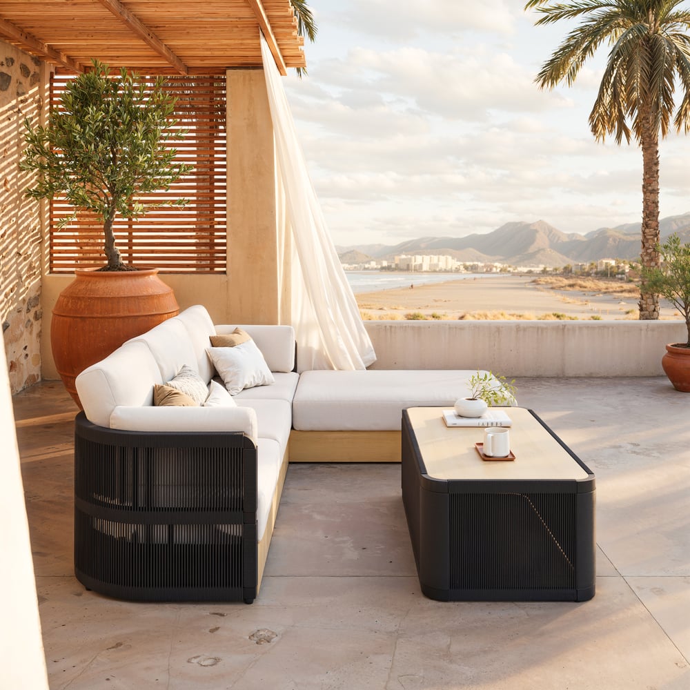 Costra Woven Outdoor Sectional Sofa Set with Adjustable Reclining Chaise and Coffee Table Black window image