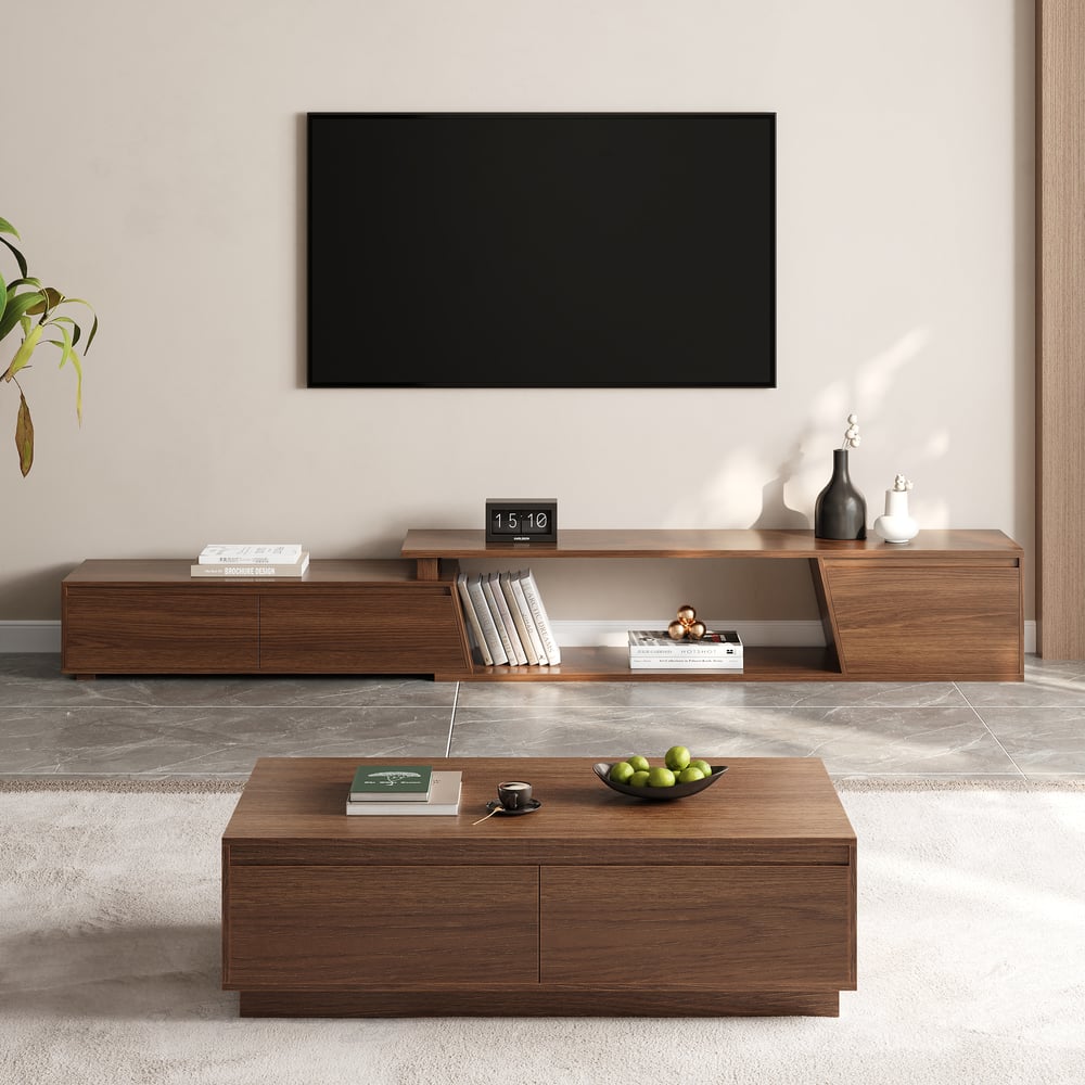 Ensemble meuble TV Fero en bois blanc et noyer, meuble TV extensible et table basse rectangulaire image de fenêtre