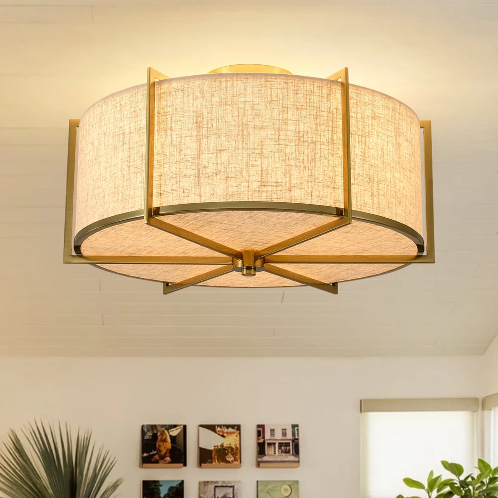 18" Linen Flush Mount Light in Gold Finish, 3-Light window image