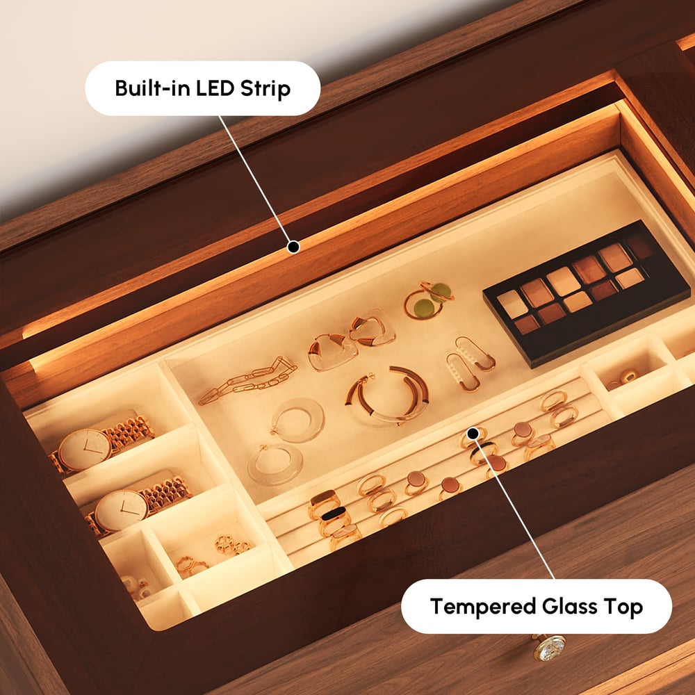 Modern 47" Tempered Glass Top 8-Drawer White Dresser with LED & Jewelry Trays window image