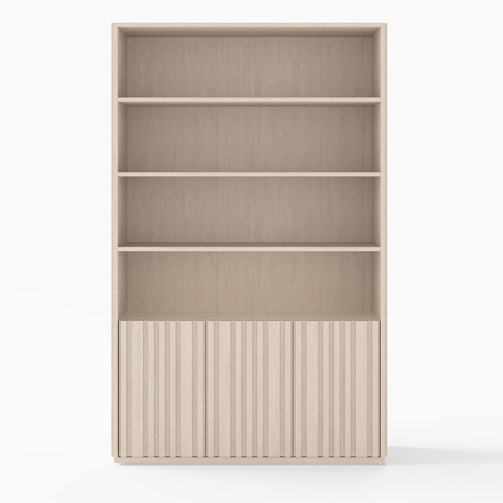 Aura 120cm Boekenkast van Essenhout met Gegroefde Details en Blad van Sintersteen Vensterafbeelding