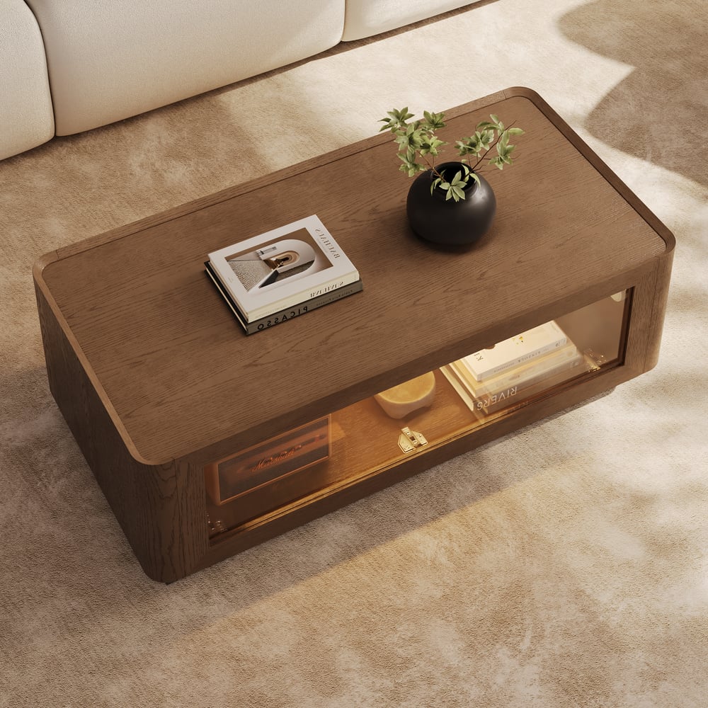 47" Glass Door Walnut Coffee Table with Storage and LED window image