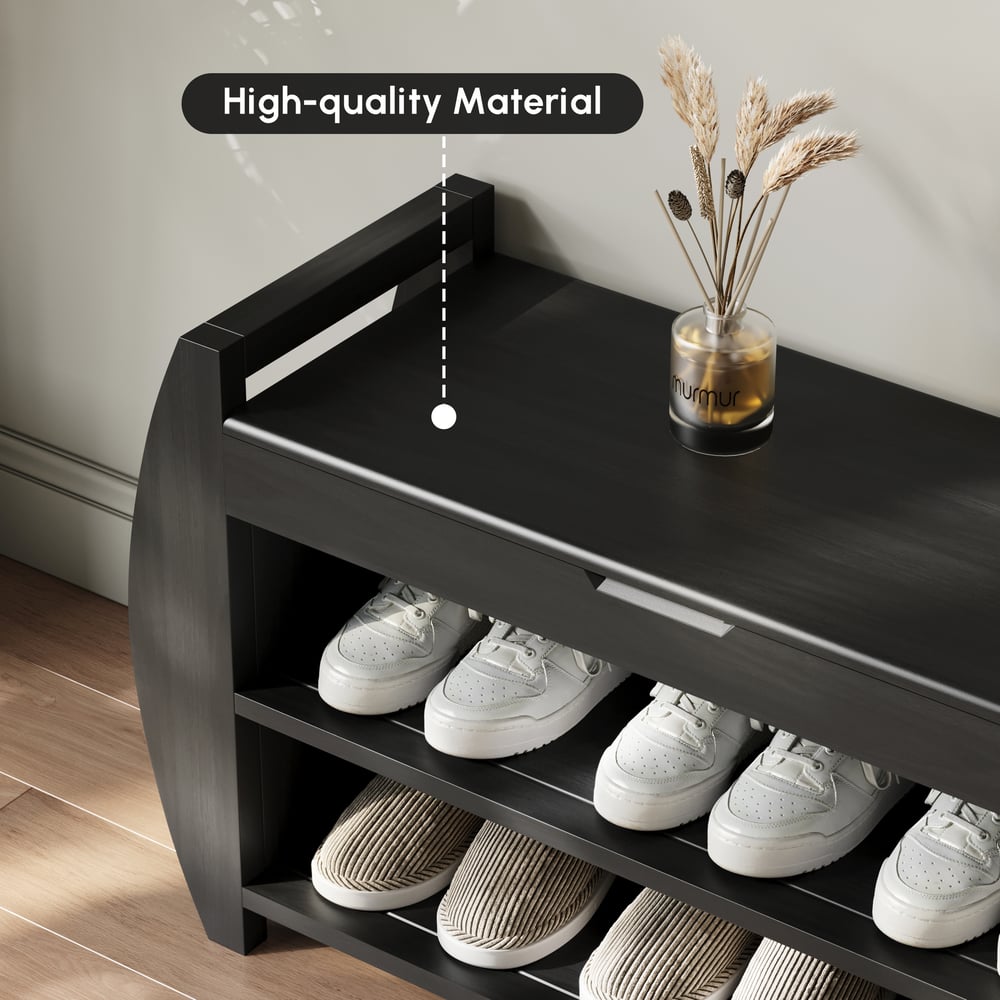 Banc d'entrée de rangement de chaussures noir en bois massif de 81 cm avec étagère à chaussures image de fenêtre