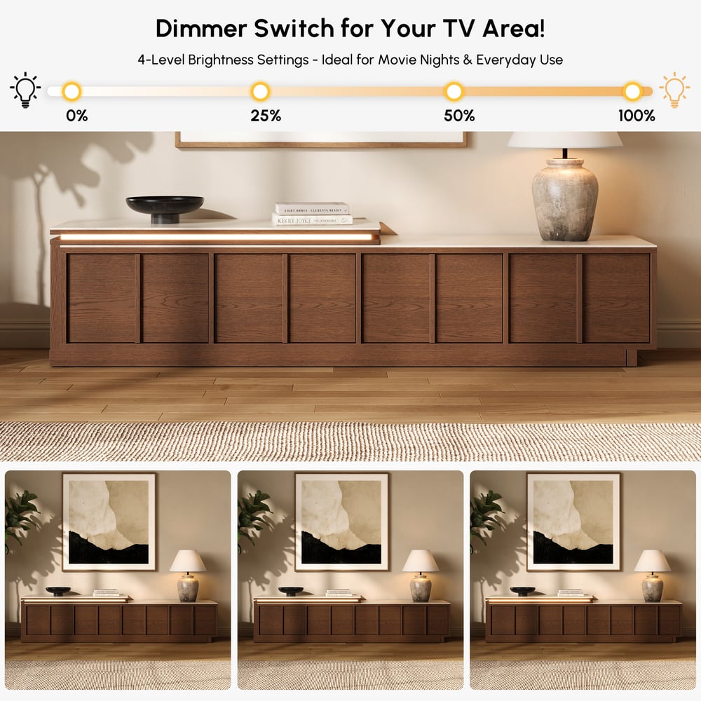 71"-108" Extendable Walnut TV Stand with Sintered Stone Top & Cabinets window image