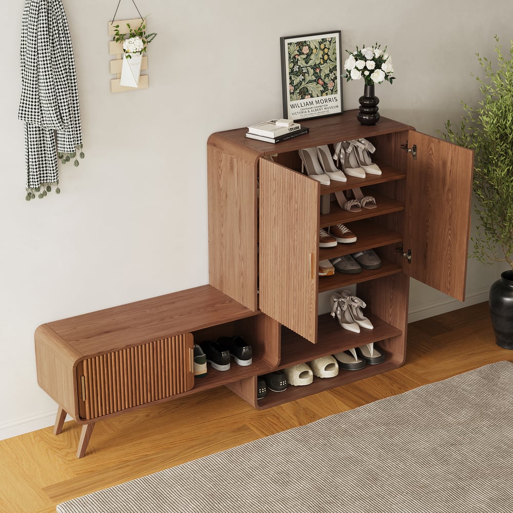 37" Ash Wood Veneer Fluted Shoe Storage Entryway Cabinet, Left Hand window image