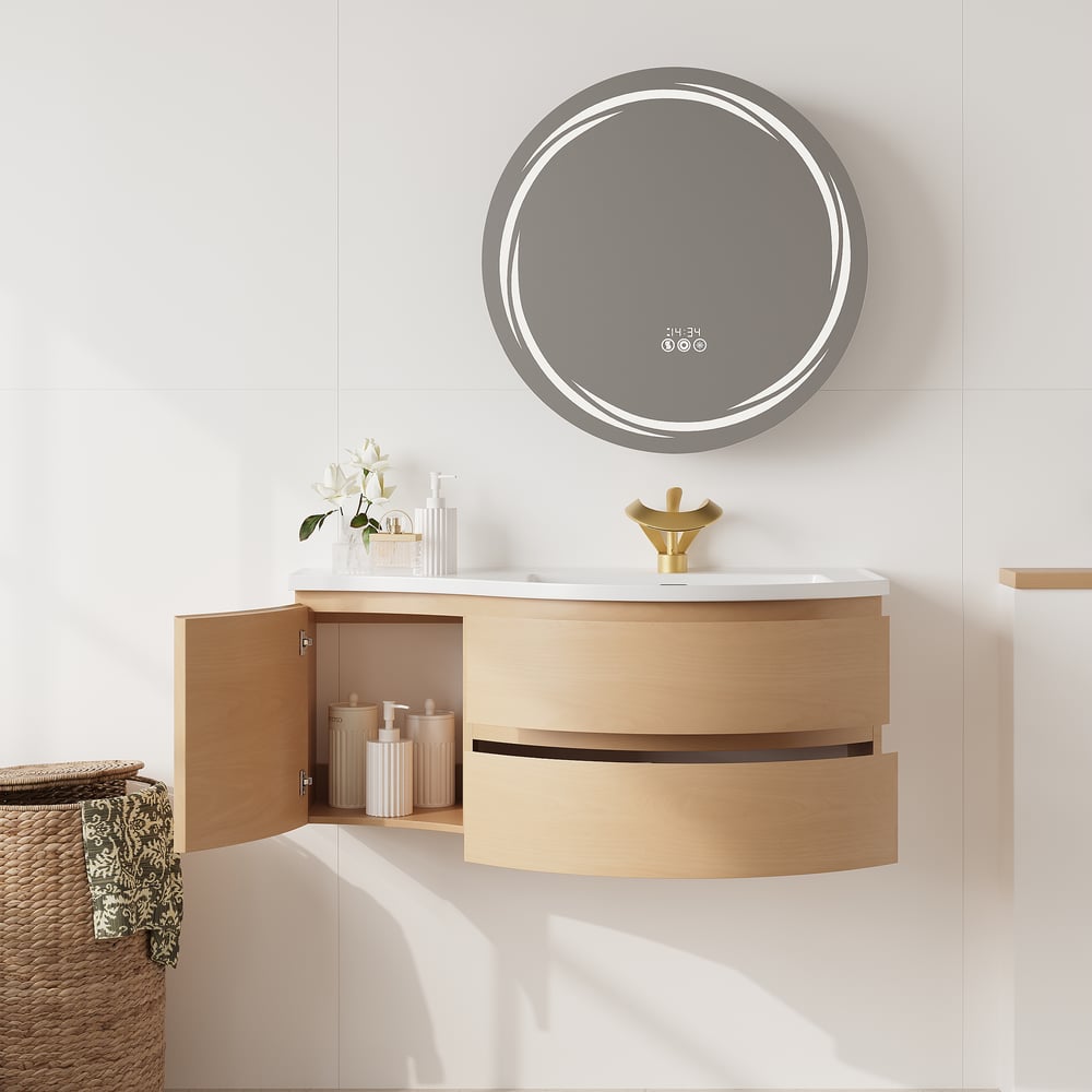 Floating Curved Bathroom Vanity & Round LED Medicine Cabinet Set Right Offset window image
