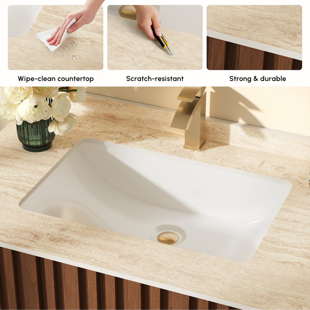 Aura 36" Bathroom Vanity with Light Ash Wood Slatted Panels Faux Travertine Top window image