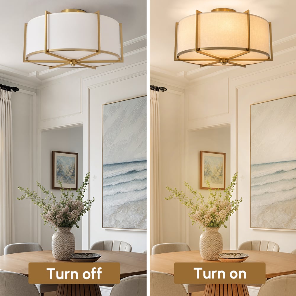 18" Fabric Flush Mount Light in Gold Finish, 3-Light window image