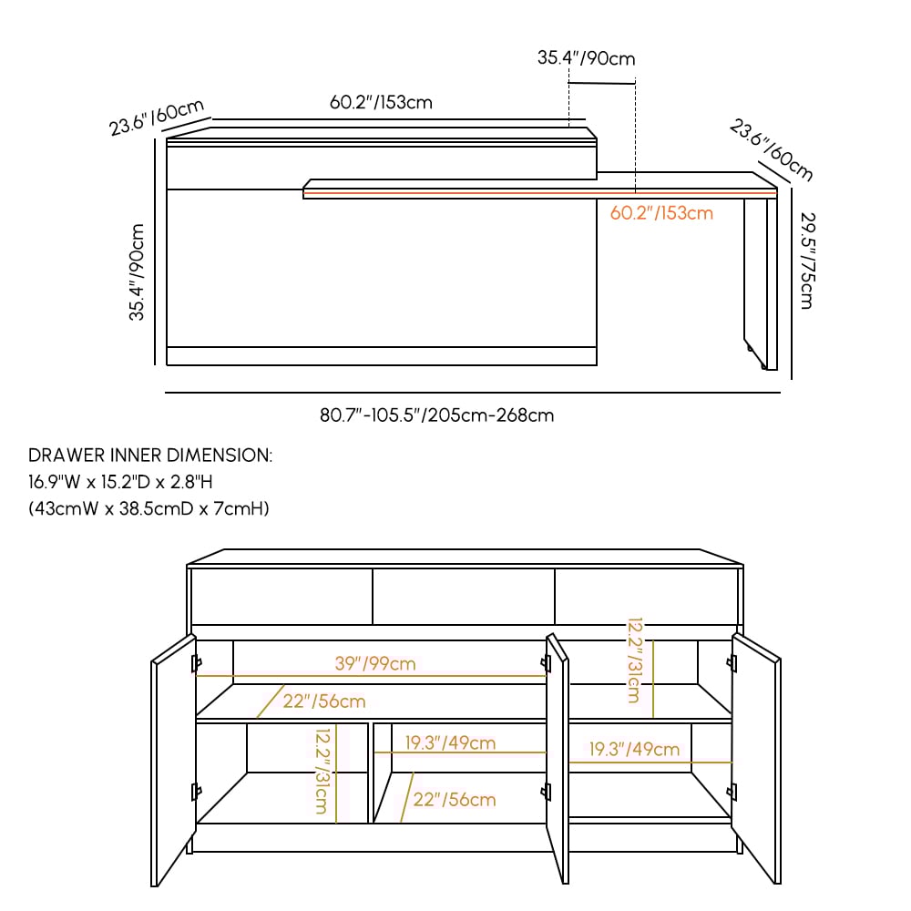 Îlot de cuisine extensible en pierre frittée de 205 à 270 cm avec portes et tiroirs, noir et blanc Poids, dimensions, image